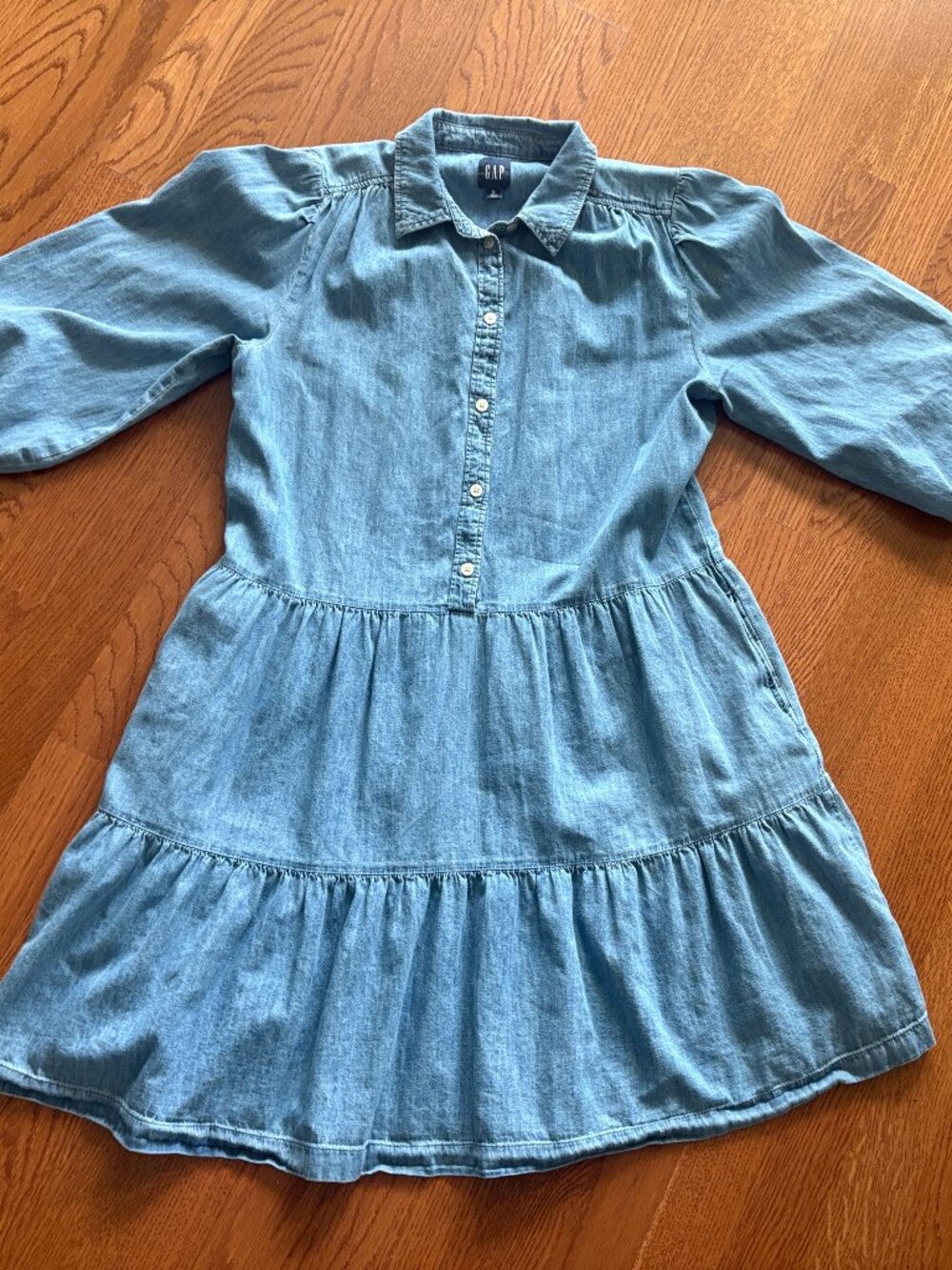 Womens GAP Puff Sleeve Denim Tiered Shirtdress Summer Dress Medium Tall